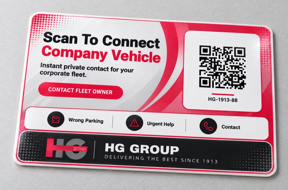 Realistic red pink and graphite HG Group branded Scan2Connect vehicle QR sticker