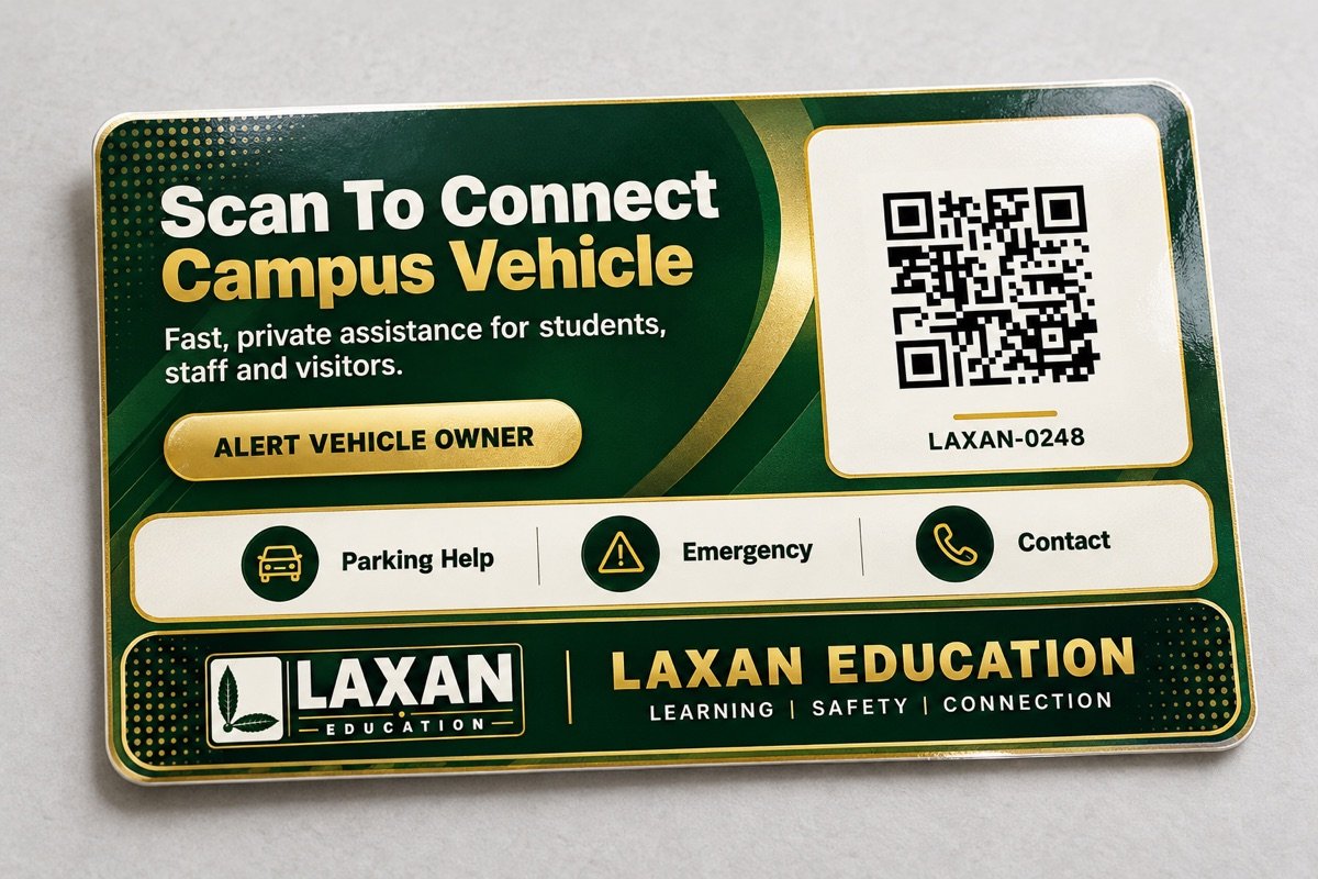 Realistic dark green and gold Laxan Education branded Scan2Connect vehicle QR sticker