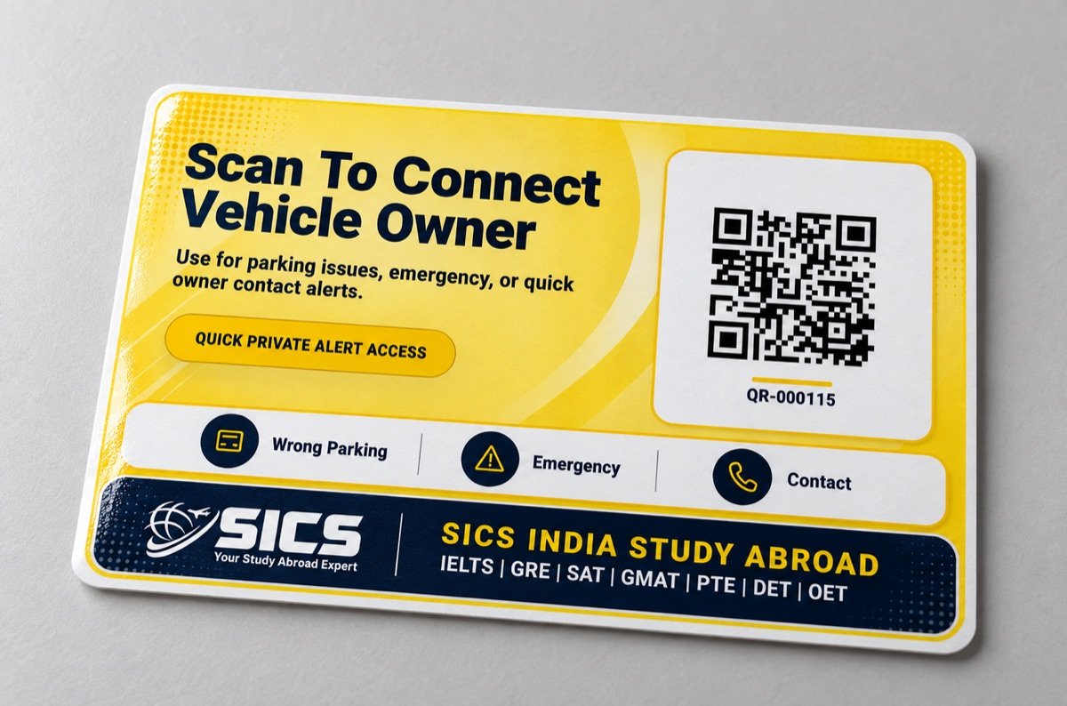 Realistic navy and gold SICS branded Scan2Connect vehicle QR sticker